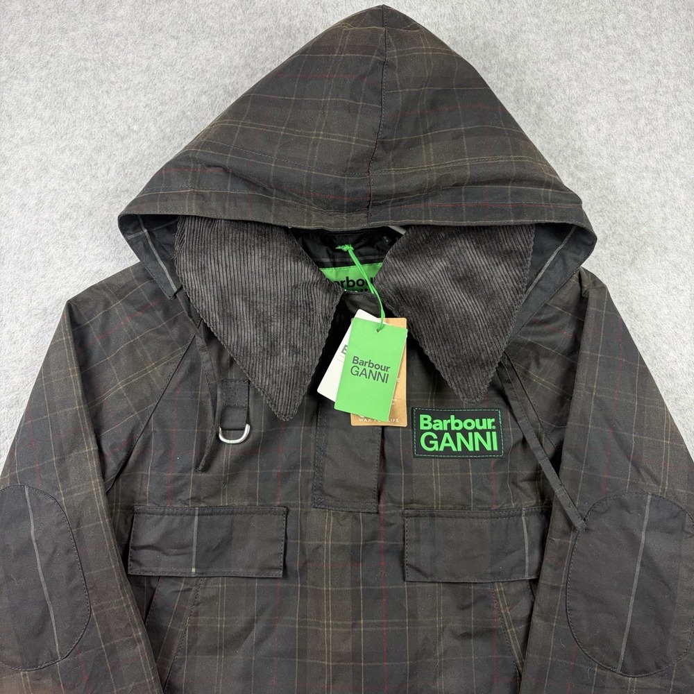 Barbour x Ganni Jacket Womens 8 Black Tartan Waxed Hooded Smock Anorak NWT - Picture 2 of 14